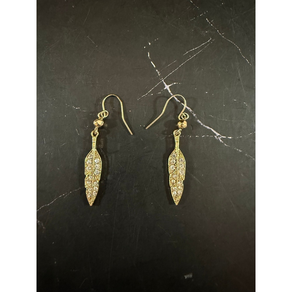 Rhinestone Feather Gold Tone Dangle Drop Earrings